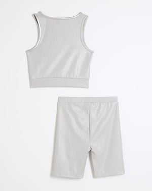 River Island Girls Asymmetric Vest & Shorts Set Silver Ri Active