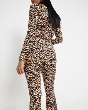River Island Womens Flare Leggings Petite Brown Leopard Ribbed