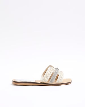 River Island Womens Flat Sandals Beige Raffia Diamante