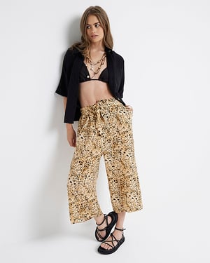 River Island Womens Crop Wide Leg Trousers Brown Leopard Print