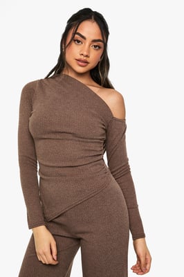 Rib Asym Neckline Ruched Long Sleeve Top