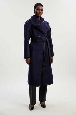 Brushed Wool Pu Mix Scarf Neck Belted Tailored Maxi Coat