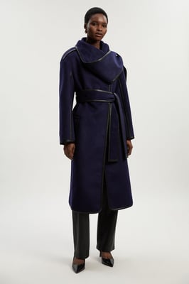 Tall Brushed Wool Pu Mix Scarf Neck Belted Tailored Maxi Coat