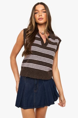 Collared V Neck Knitted Thin Stripe Vest
