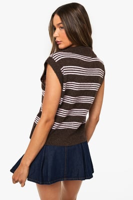 Collared V Neck Knitted Thin Stripe Vest