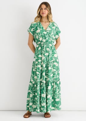 Grön blommig maxiklänning med elastisk midja