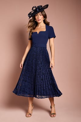 Short Sleeve Crepe Midi Dress With Lace Pleated Skirt