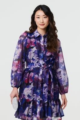Blue Floral Tie Waist Mini Shirt Dress