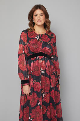 Floral Contrast Velvet Midi Dress