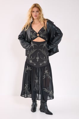 Paisley Hand Beaded Ring Cut Out Volume Maxi Dress