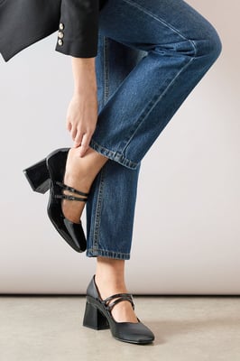 Wide Fit Dawn Faux Patent Leather Double Mary Jane Mid  Block Heel Court Shoes