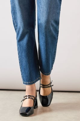 Wide Fit Dawn Faux Patent Leather Double Mary Jane Mid  Block Heel Court Shoes