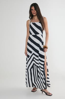 Abstract Stripe Tie Shoulder Split Leg Maxi Dress