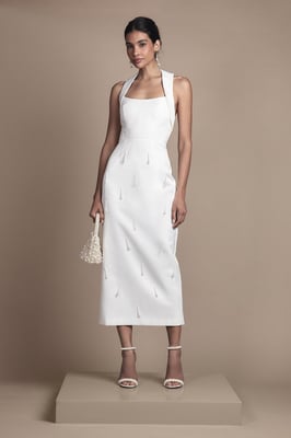 Halter Satin Midi Bridal Dress With Pearl
