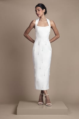Halter Satin Midi Bridal Dress With Pearl