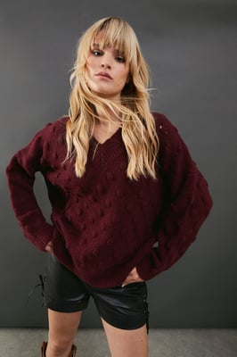 Bubble Knit Slouchy V Neck Jumper