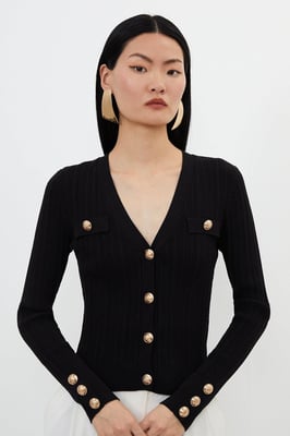 Viscose Blend Dry Handle Rib Military Trim Cardigan