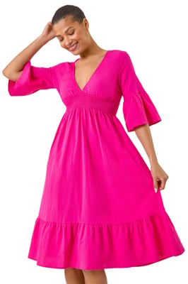 Linen Look Shirred Midi Dress