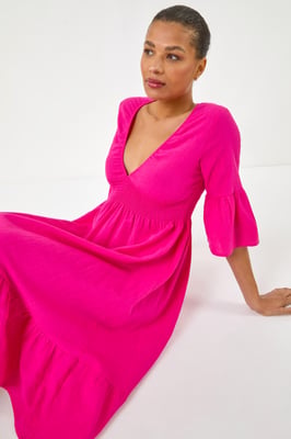 Linen Look Shirred Midi Dress