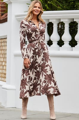 Coffee & Cream Floral Print Midi Shirt Dress