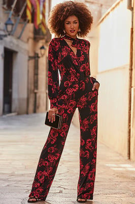 Black & Pink Floral Print Tie Neck Jumpsuit