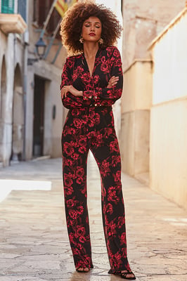 Black & Pink Floral Print Tie Neck Jumpsuit