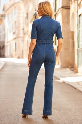 Petite Mid Blue Denim Kick Flare Jumpsuit