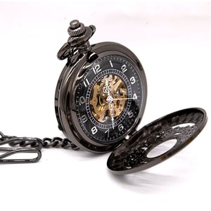 Antiek messing zwart legering skelet half jacht zakhorloge