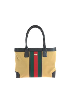 Tweedehands Gestreepte Accent Canvas Tote Bag Met Lederen Bies En Handvat