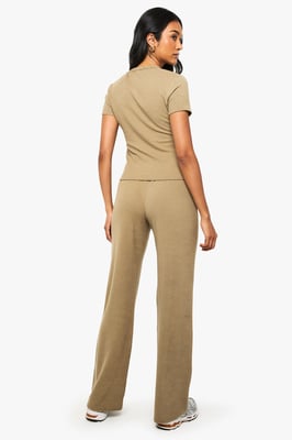 Ribbed Henley Button Down Short Sleeve Top And Straight Leg Trouser Co-ord