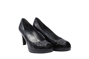 Stuart Weitzman x Russel Bromley Peep-Toe Pumps in Black Patent Leather