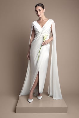 Satin Cape Sleeve Maxi Bridal Dress