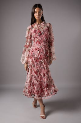 Long Sleeve Applique Floral Midi Dress