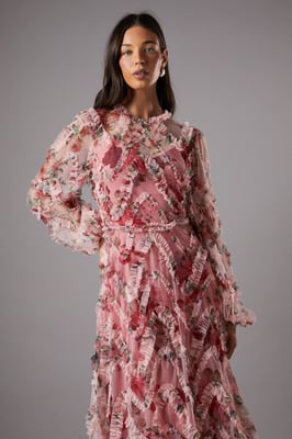 Long Sleeve Applique Floral Midi Dress