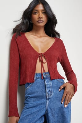 Burgundy Crinkle Sheer Tie Detail Cardigan