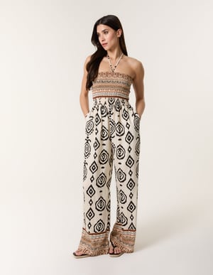 Print Strapless Bandeau Shirred Jumpsuit