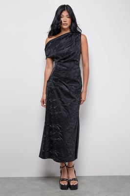 Faux Crinkle Leather Fallen Shoulder Ruched Waist Midi Dress