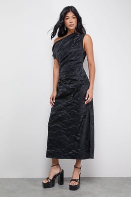 Faux Crinkle Leather Fallen Shoulder Ruched Waist Midi Dress