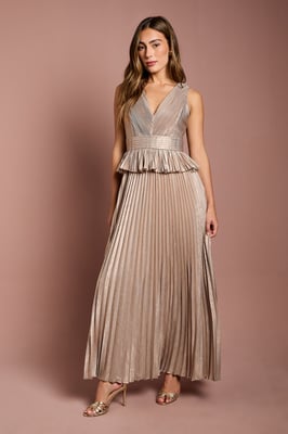 Sleeveless Metallic Pleated Maxi Dress With Peplum