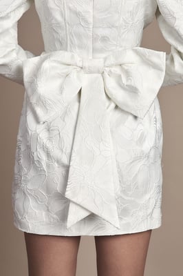 Long Sleeve Square Neck Jaquard Mini Wedding Dress with Bow Detail