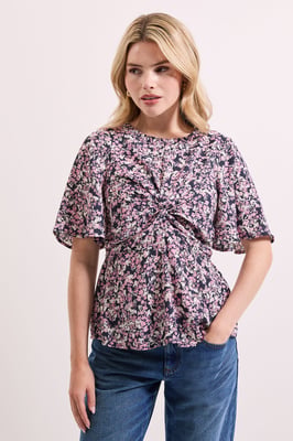 Pink Floral Twist Front Angel Sleeve Top