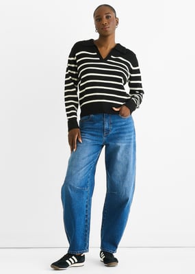 Black Recycle Stripe V Neck Collar Knit Jumper