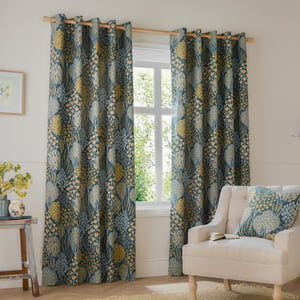 Wylder Ophelia Floral Jacquard Room Darkening Eyelet Curtain Pair, Blue/Saffron