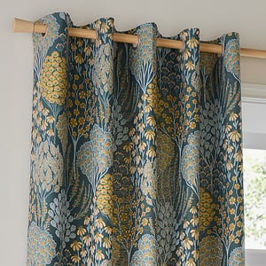 Wylder Ophelia Floral Jacquard Room Darkening Eyelet Curtain Pair, Blue/Saffron