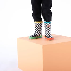 Border Kids Shaun the Sheep Wellies Black White Checkerboard