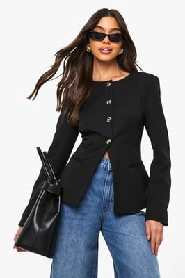 Gold Trim Collarless Tailored Blazer