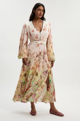 Scattered Floral Balloon Sleeve Pleated Crinkle Cut Out Woven Maxi Dress