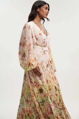 Scattered Floral Balloon Sleeve Pleated Crinkle Cut Out Woven Maxi Dress