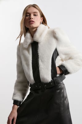 Faux Fur Pu Panelled Belted Cropped Jacket