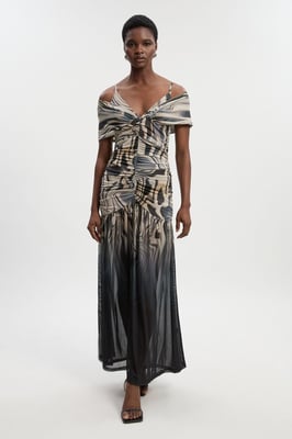 Marble Print Mesh Plunge Strappy Detail Maxi Dress